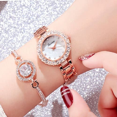 2 In 1 Full Steel Women Wristwatch With Bracelet- Rose Gold