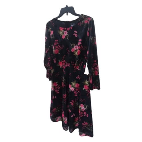Long Sleeve Flay Dress- Black Flora - Pink