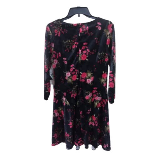 Long Sleeve Flay Dress- Black Flora - Pink