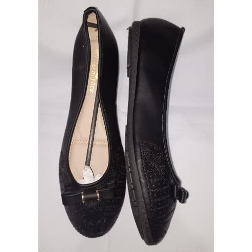 Stock Leather Bowed Female Flat Office Shoe - Black
