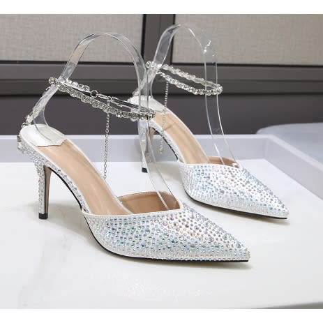 Stone Studded Ankle Strap Covered Toe Heels
