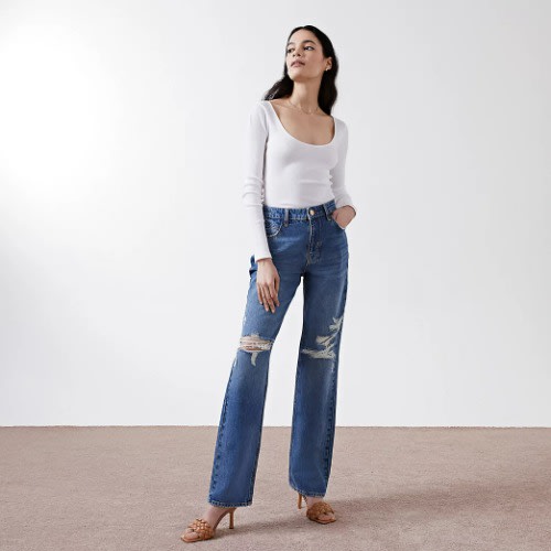 Denim High Waisted 90s Long Straight Jeans