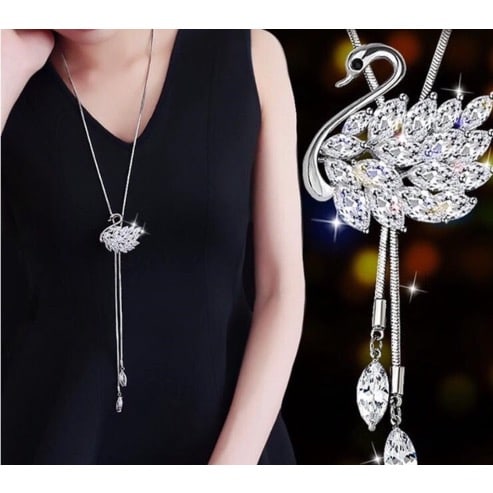 Ladies Long Chain With Swan Pendant- Silver