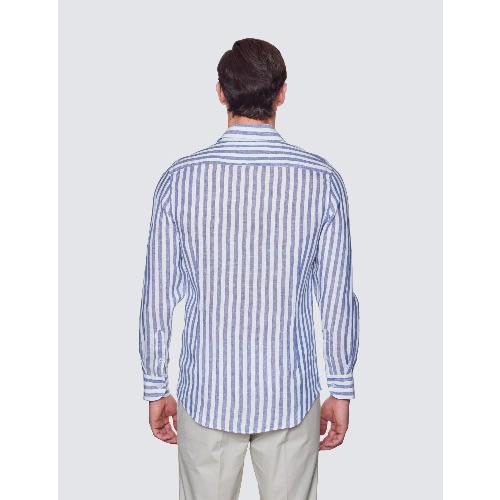 Men’s Navy & White Collarless Stripe Linen Relaxed Slim Fit Shirt