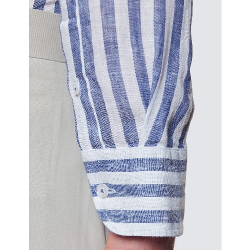 Men’s Navy & White Collarless Stripe Linen Relaxed Slim Fit Shirt