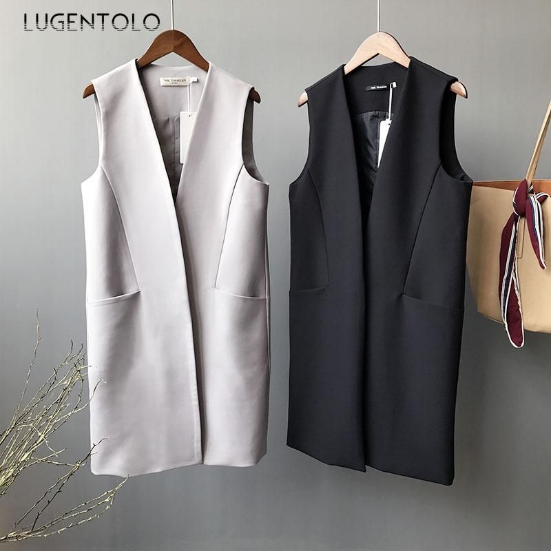 Lugentolo-Cheleco de Autumn for Women Simple and thin with short black and long solid temperament with informal n neckless sleeveless pocket sleeve