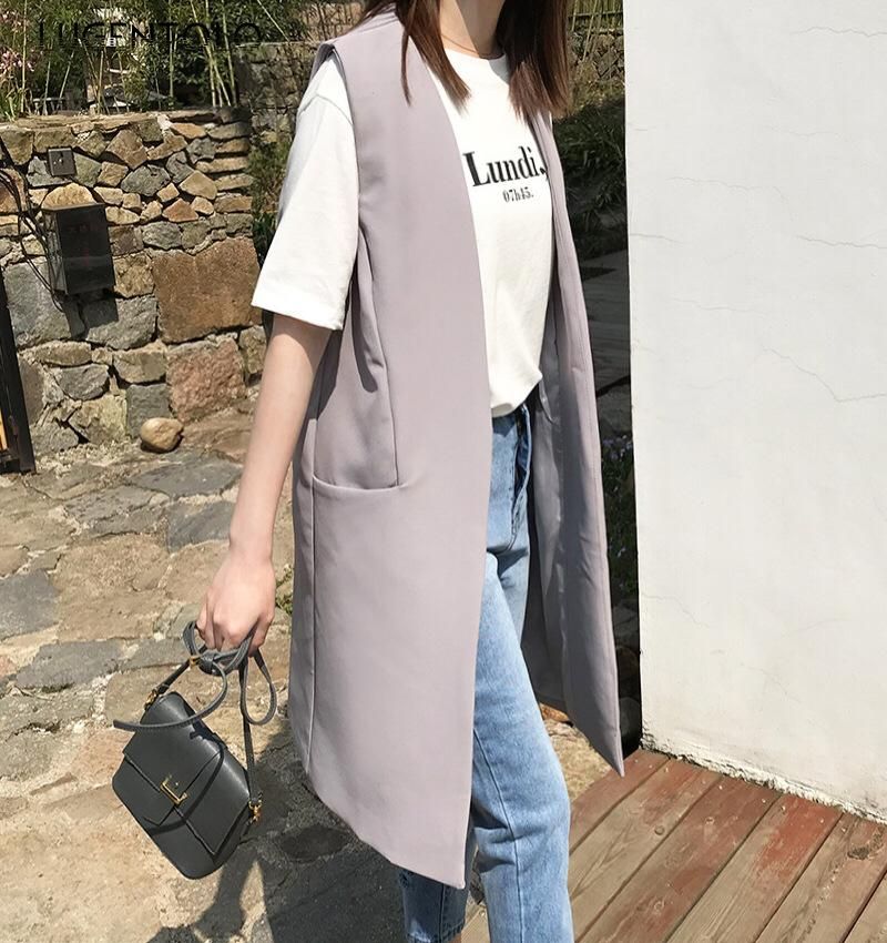 Lugentolo-Cheleco de Autumn for Women Simple and thin with short black and long solid temperament with informal n neckless sleeveless pocket sleeve