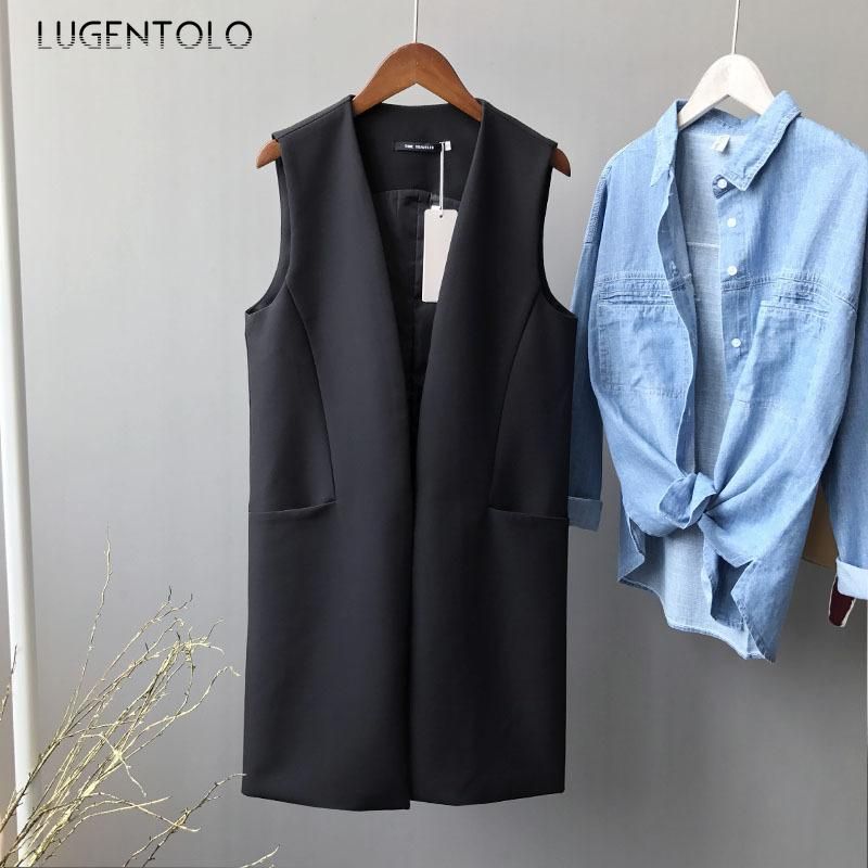 Lugentolo-Cheleco de Autumn for Women Simple and thin with short black and long solid temperament with informal n neckless sleeveless pocket sleeve