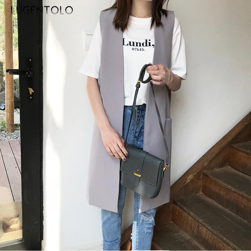 Lugentolo-Cheleco de Autumn for Women Simple and thin with short black and long solid temperament with informal n neckless sleeveless pocket sleeve