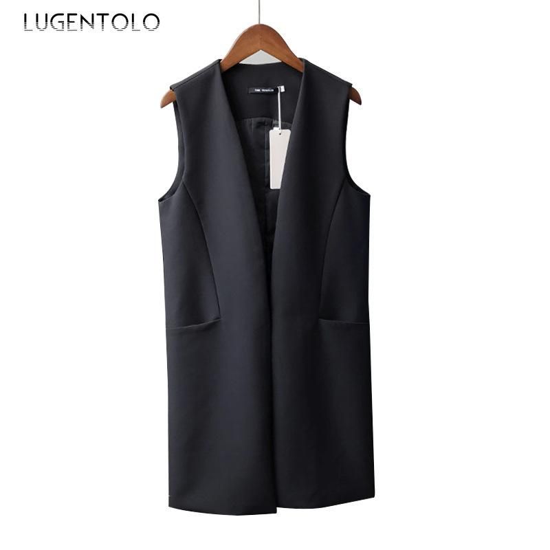 Lugentolo-Cheleco de Autumn for Women Simple and thin with short black and long solid temperament with informal n neckless sleeveless pocket sleeve