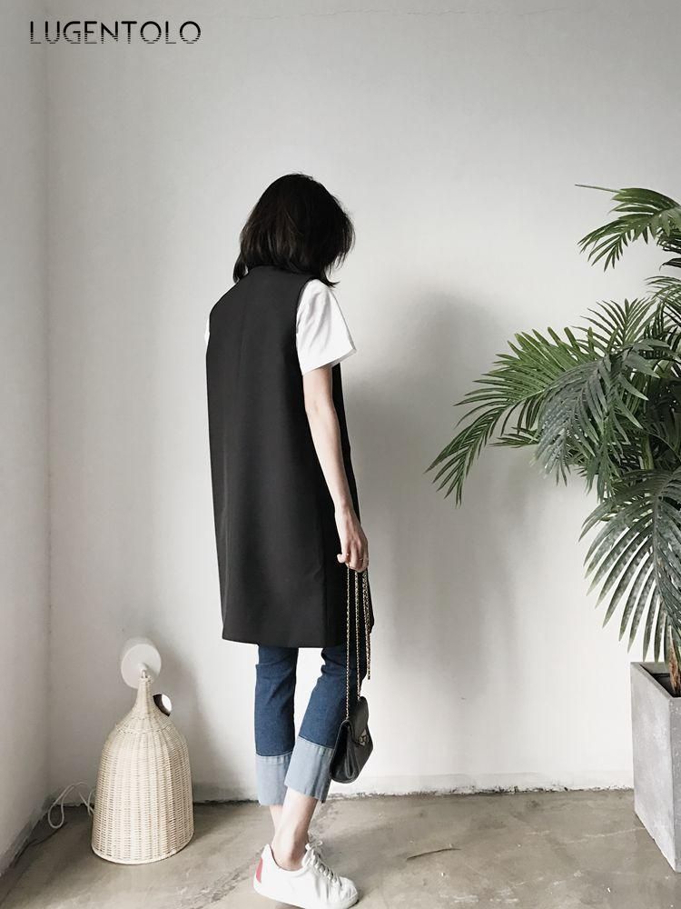Lugentolo-Cheleco de Autumn for Women Simple and thin with short black and long solid temperament with informal n neckless sleeveless pocket sleeve