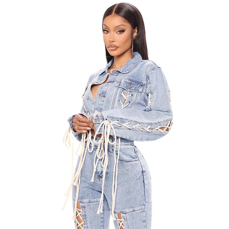 Knitted Belt Denim Coat Blue Wash Loose Denim Top
