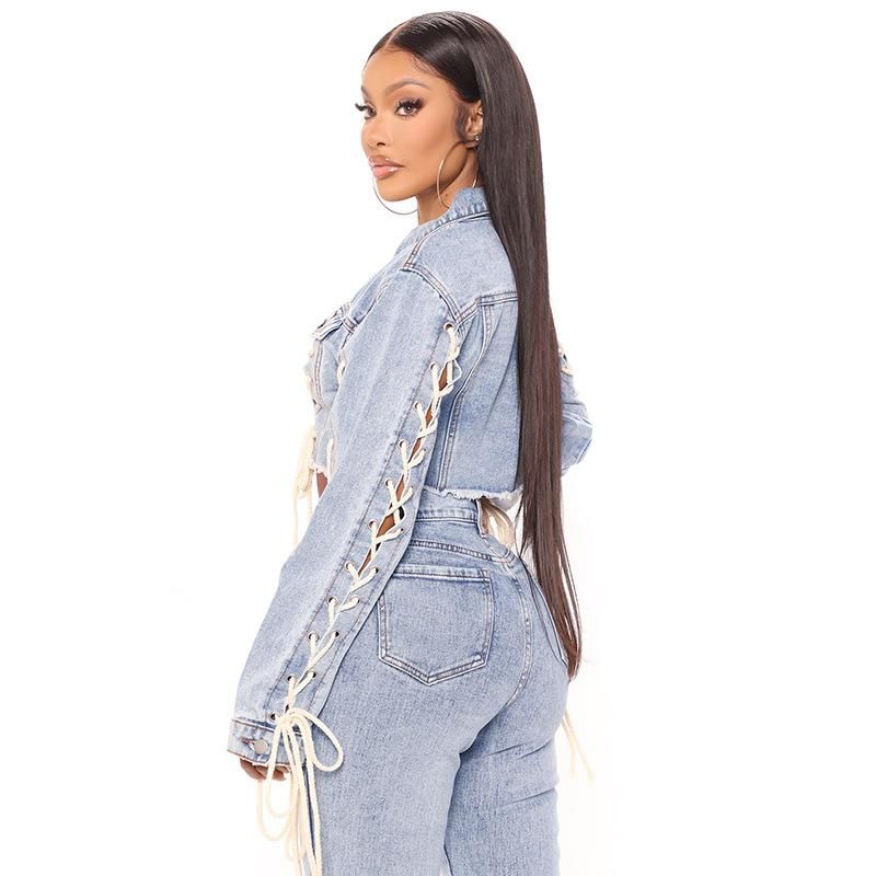 Knitted Belt Denim Coat Blue Wash Loose Denim Top