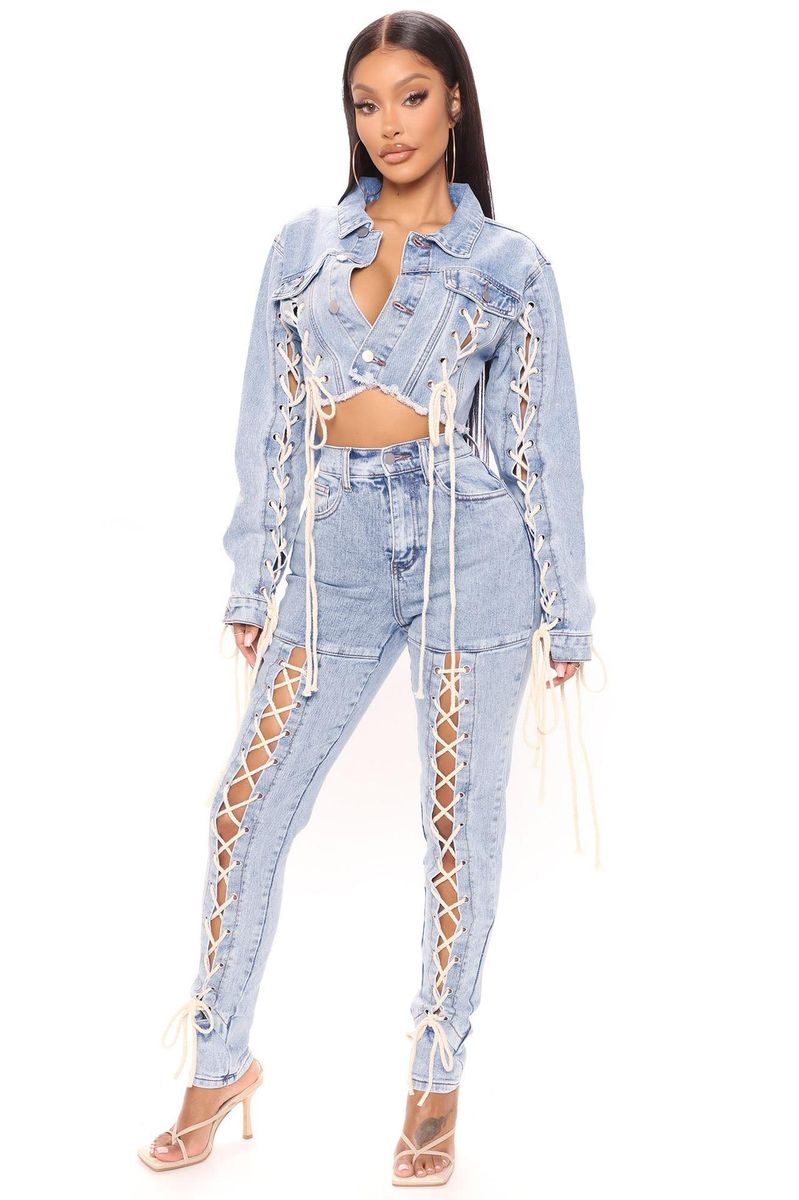 Knitted Belt Denim Coat Blue Wash Loose Denim Top