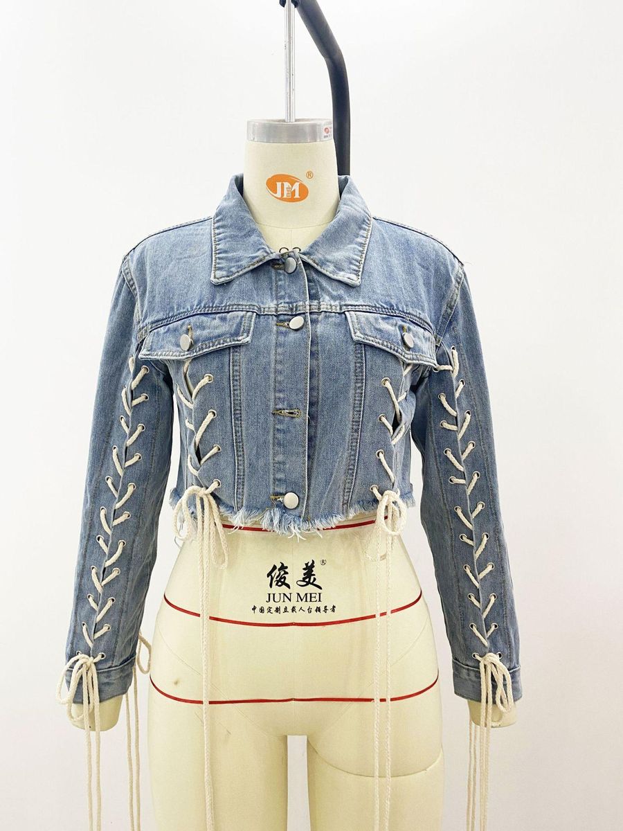 Knitted Belt Denim Coat Blue Wash Loose Denim Top