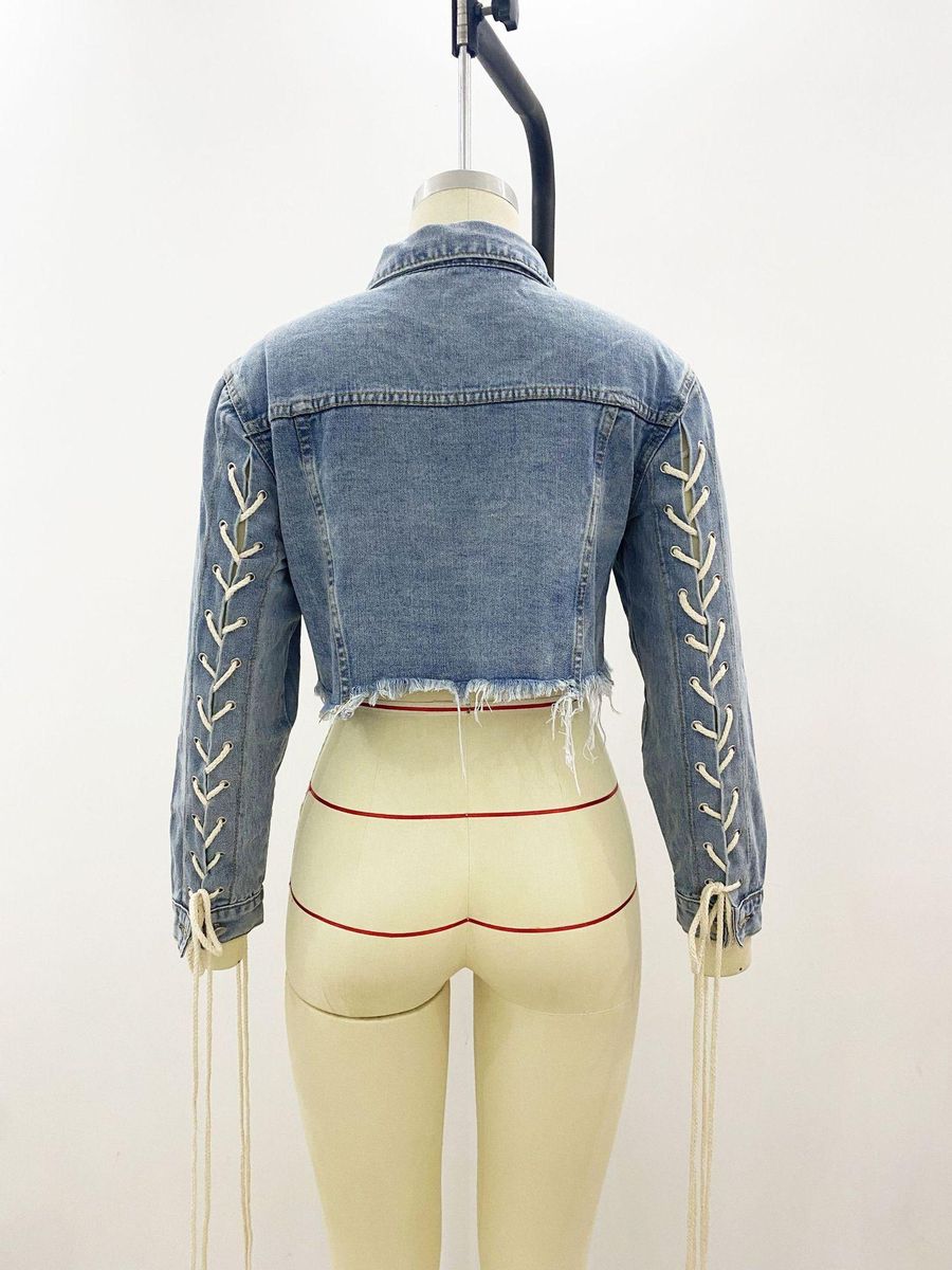 Knitted Belt Denim Coat Blue Wash Loose Denim Top