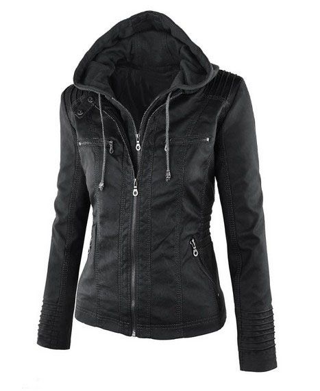 Women Detachable Hooded PU Leather Fashion Leisure Jackets