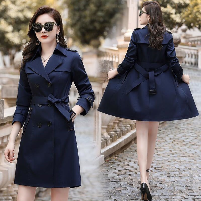 2022 Autumn Women Classic Double Breasted Trench Coats Slim British Style Ladies Outerwear Windbreaker Medium Length Coat