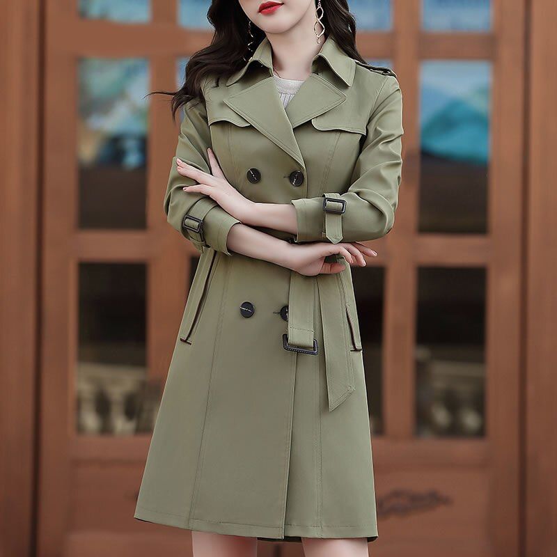 2022 Autumn Women Classic Double Breasted Trench Coats Slim British Style Ladies Outerwear Windbreaker Medium Length Coat