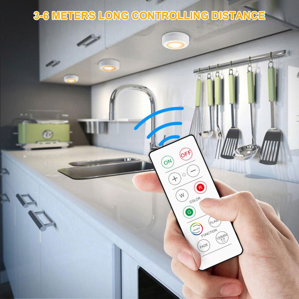 16 Colors Changing RGB LEDs Under Cabinet Lamp Puck Light 6 PCS with 2 * Controller 10 Levels Brightness Adjustable Dimmable 120Mins Timing Supported 16 Colors Changing/ Flash/ Fade 2 Lighting Modes 3* AAA  Operated Powered f