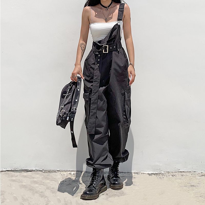 (Gray)Summer High Street Grey Vintage Suspender Cargo Pants Fashion Pocket  Straight Pants Streetwear Casual Wide Leg Trouser Ladies DOU