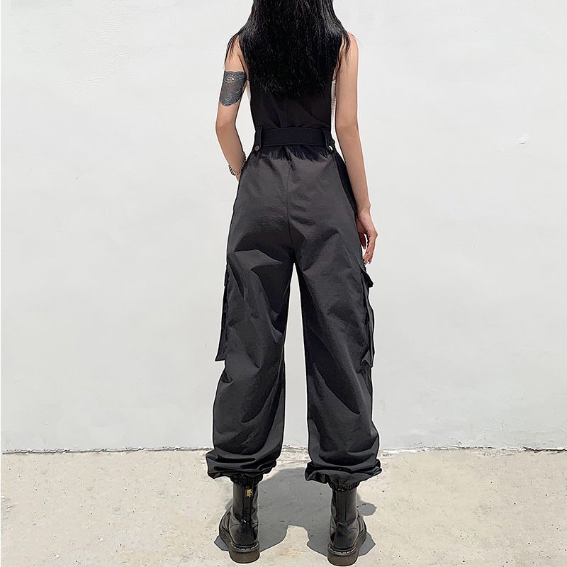 (Gray)Summer High Street Grey Vintage Suspender Cargo Pants Fashion Pocket  Straight Pants Streetwear Casual Wide Leg Trouser Ladies DOU