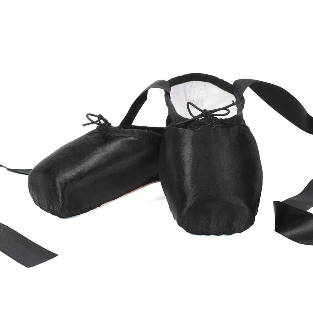 Pointe Ballet Dance Shoes With Ribbon Lace Up Flat Suede Sole Black 38