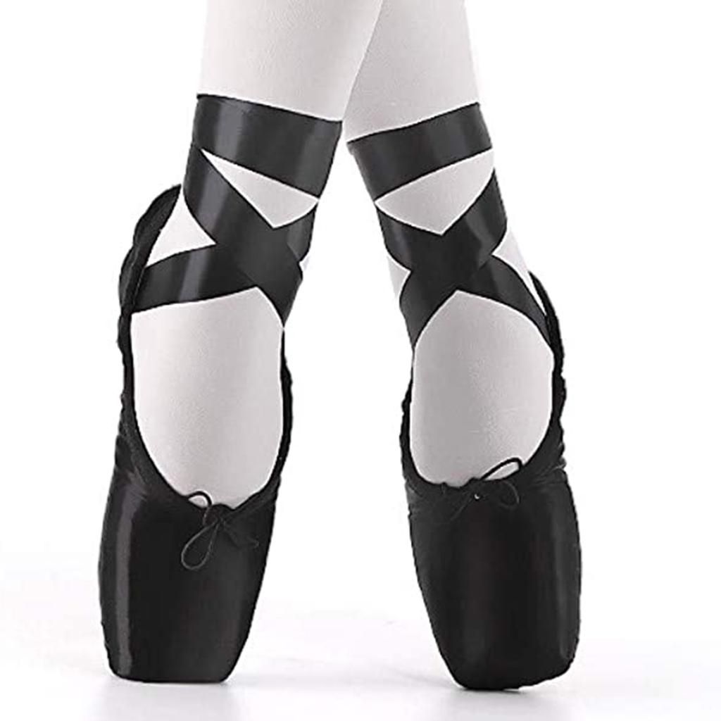 Pointe Ballet Dance Shoes With Ribbon Lace Up Flat Suede Sole Black 38