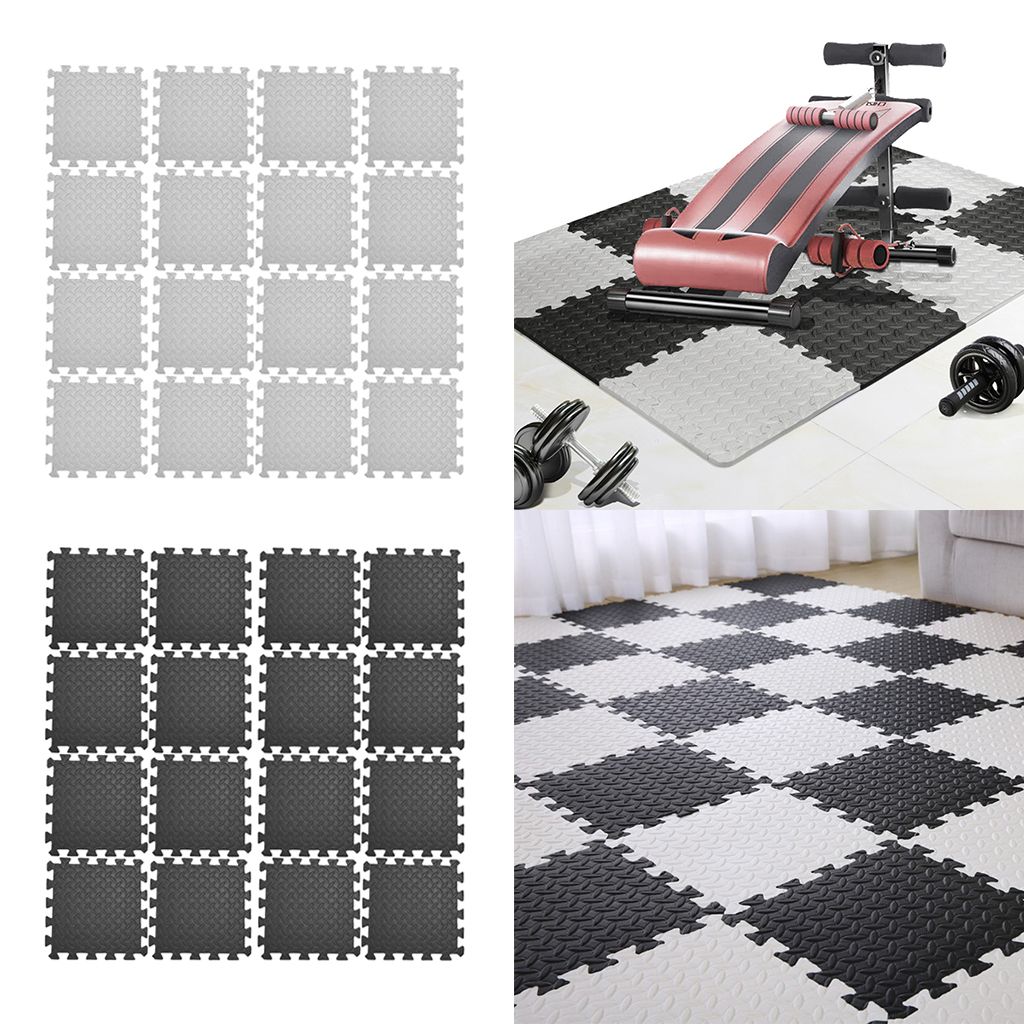16pcs Floor Mat Exercise Gym Rubber Flooring Tiles Black