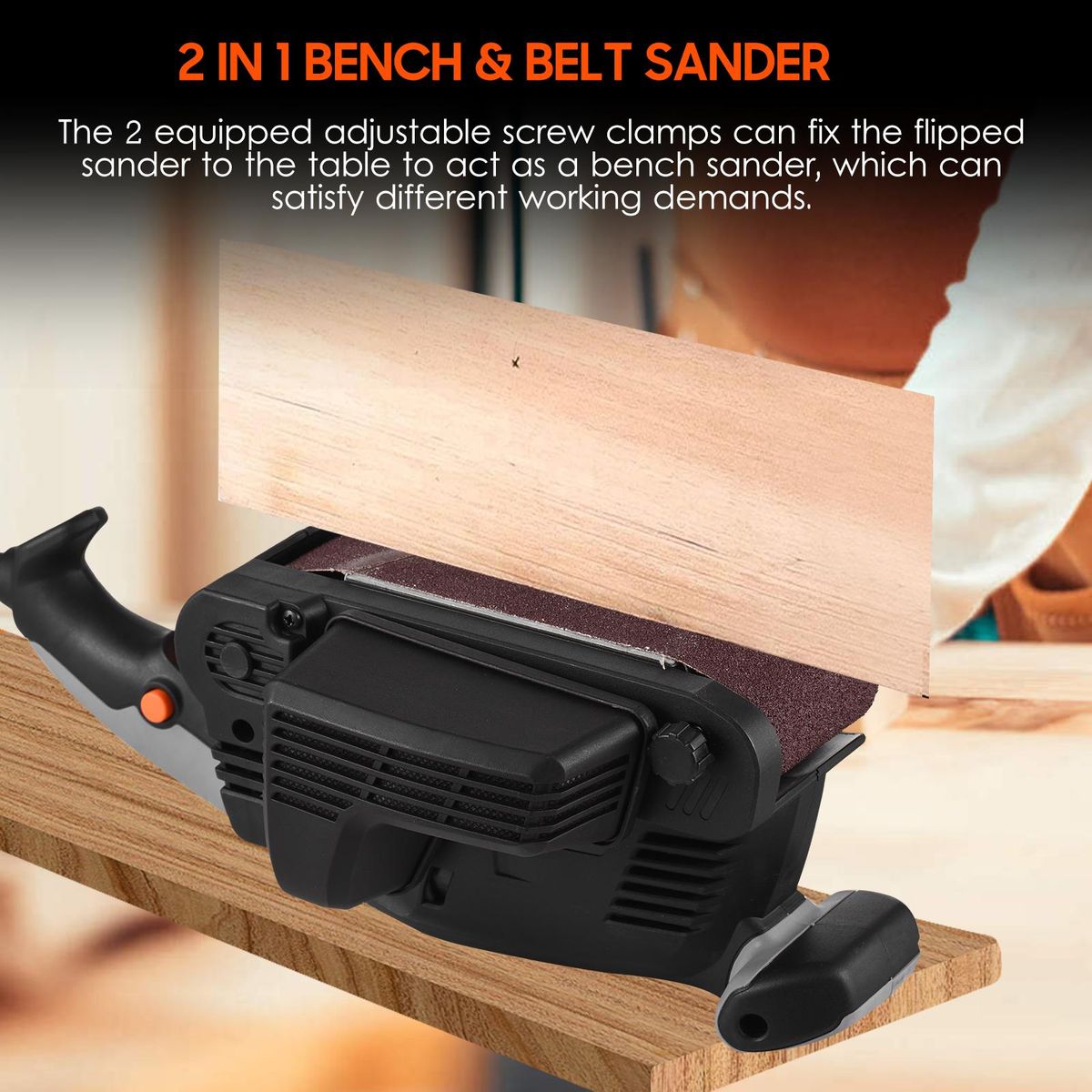 600W Electric Belt Sander for Wood Variable Speed Power Sander Woodworking Polishing Machine with Dust Collection Box, 2 Vacuum Cleaner Adapters, Adjustable Screw Clamp