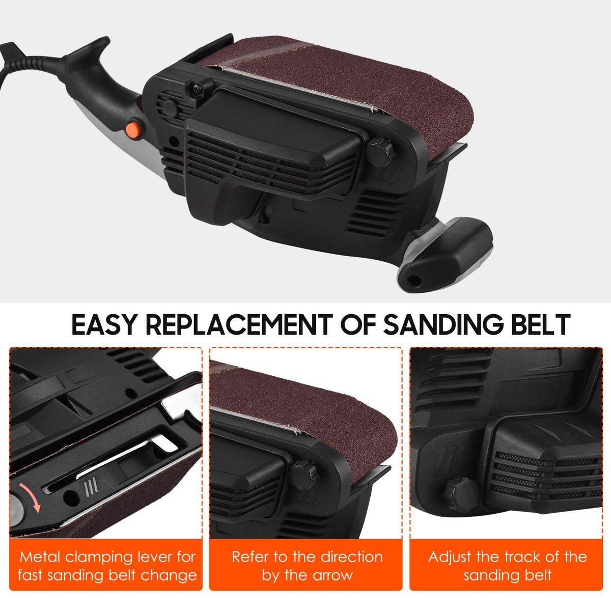600W Electric Belt Sander for Wood Variable Speed Power Sander Woodworking Polishing Machine with Dust Collection Box, 2 Vacuum Cleaner Adapters, Adjustable Screw Clamp