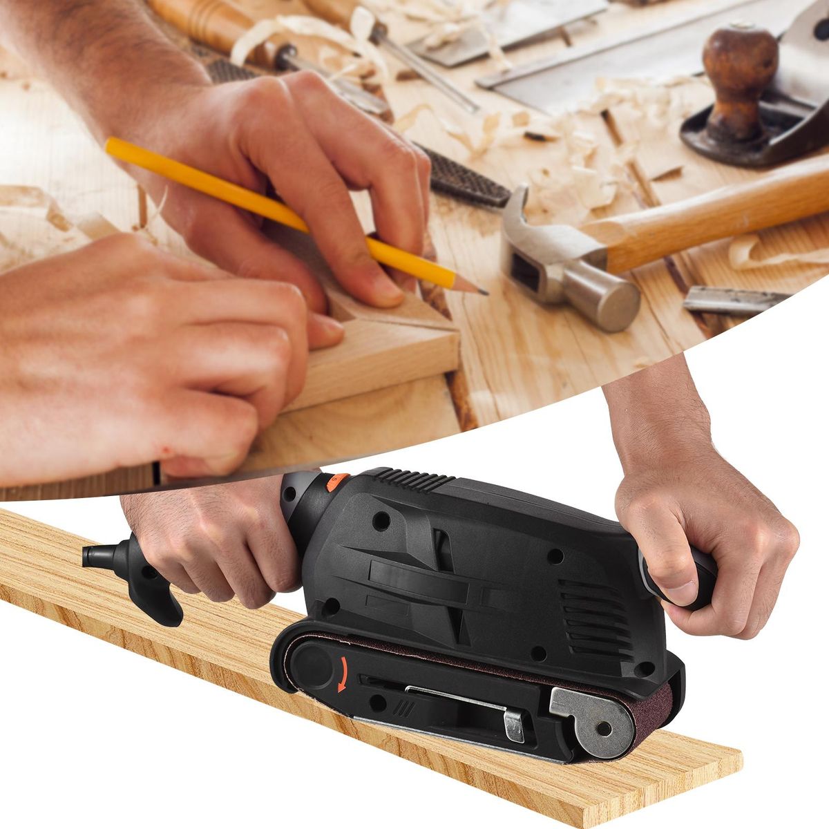 600W Electric Belt Sander for Wood Variable Speed Power Sander Woodworking Polishing Machine with Dust Collection Box, 2 Vacuum Cleaner Adapters, Adjustable Screw Clamp
