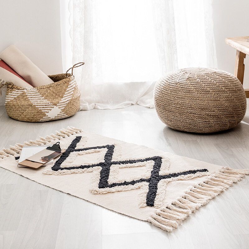 Retro Bohemian Hand Woven Cotton Linen Tassel Carpet Rug Bedside Rug Geometric Floor Mat Living Room Bedroom Carpet Home Decor Pattern 1