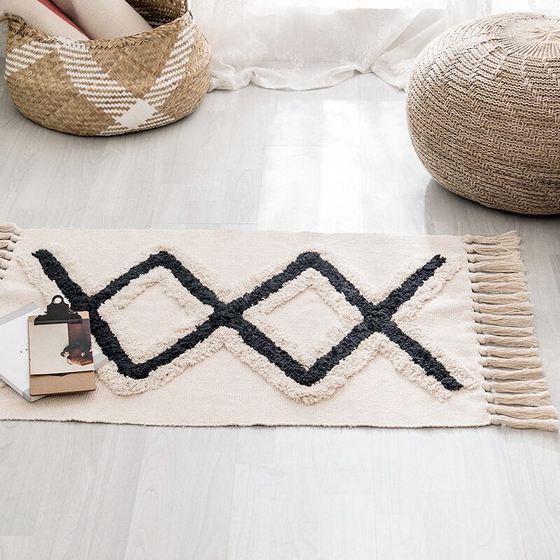 Retro Bohemian Hand Woven Cotton Linen Tassel Carpet Rug Bedside Rug Geometric Floor Mat Living Room Bedroom Carpet Home Decor Pattern 1