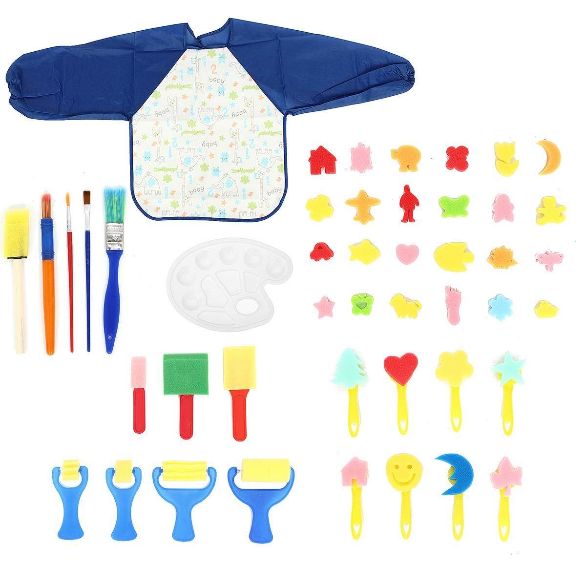 46 Pieces Sponge Paint Craft Brushes For Toddlers Assorted Pattern, Including Children Waterproof Art Smock Apron (46pcs)