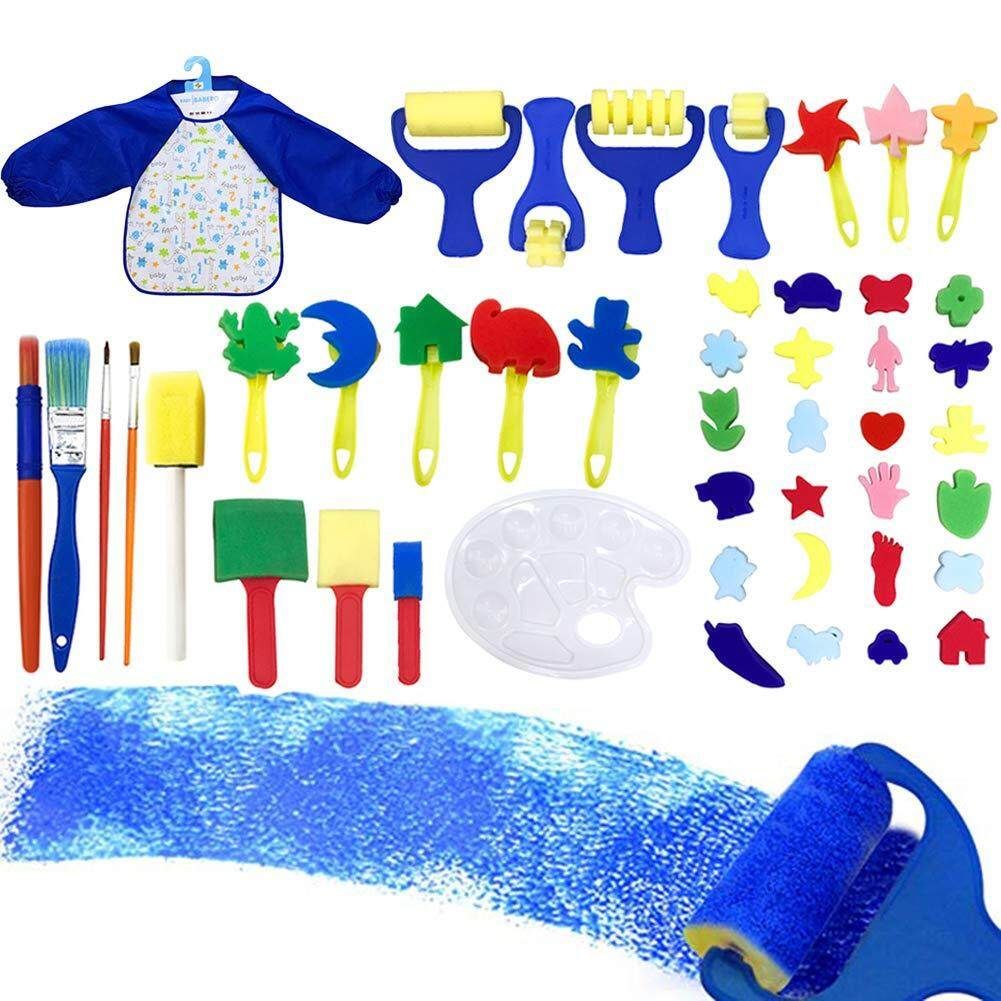 46 Pieces Sponge Paint Craft Brushes For Toddlers Assorted Pattern, Including Children Waterproof Art Smock Apron (46pcs)