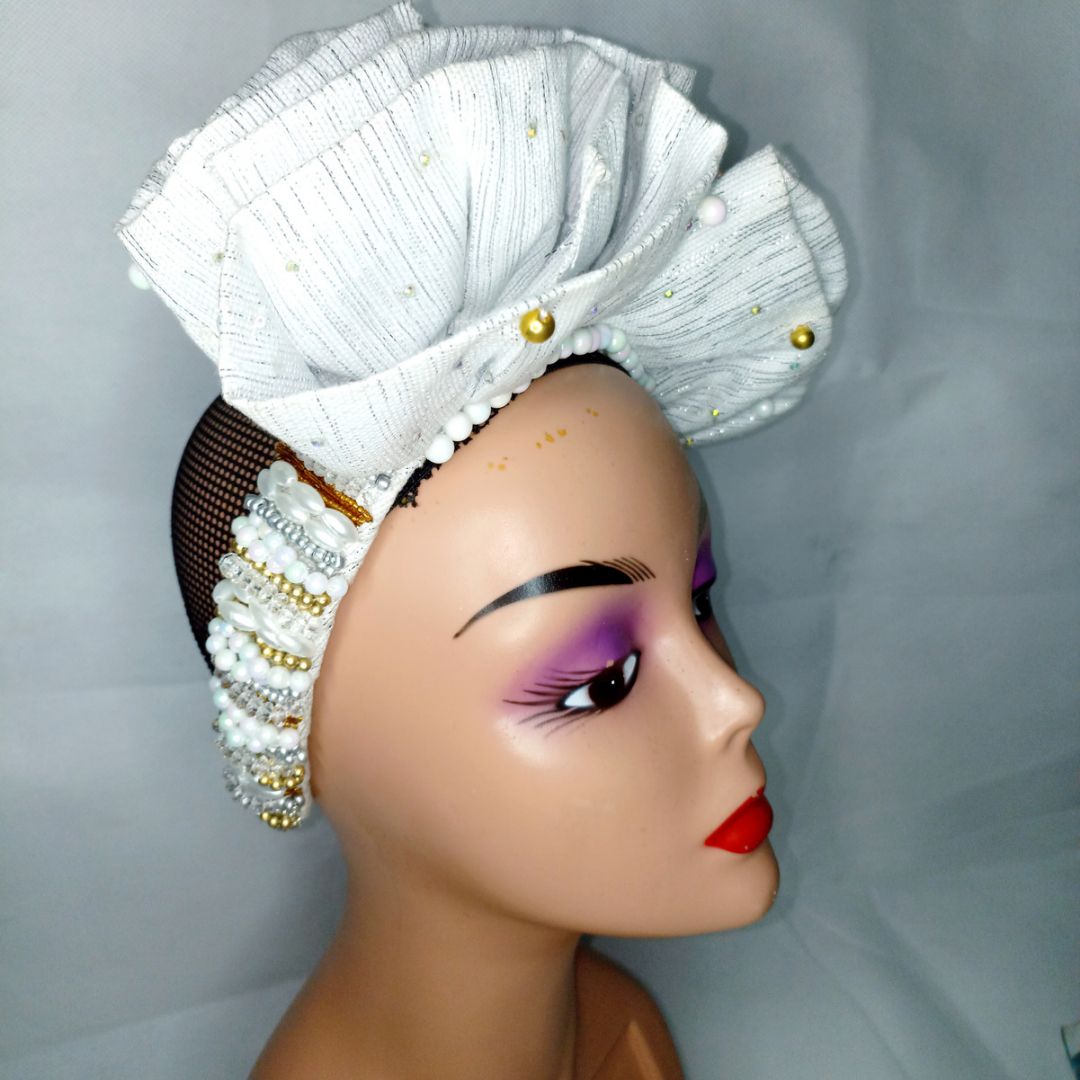 Asooke Beaded Headband Headwear Hairband Headpiece  - White