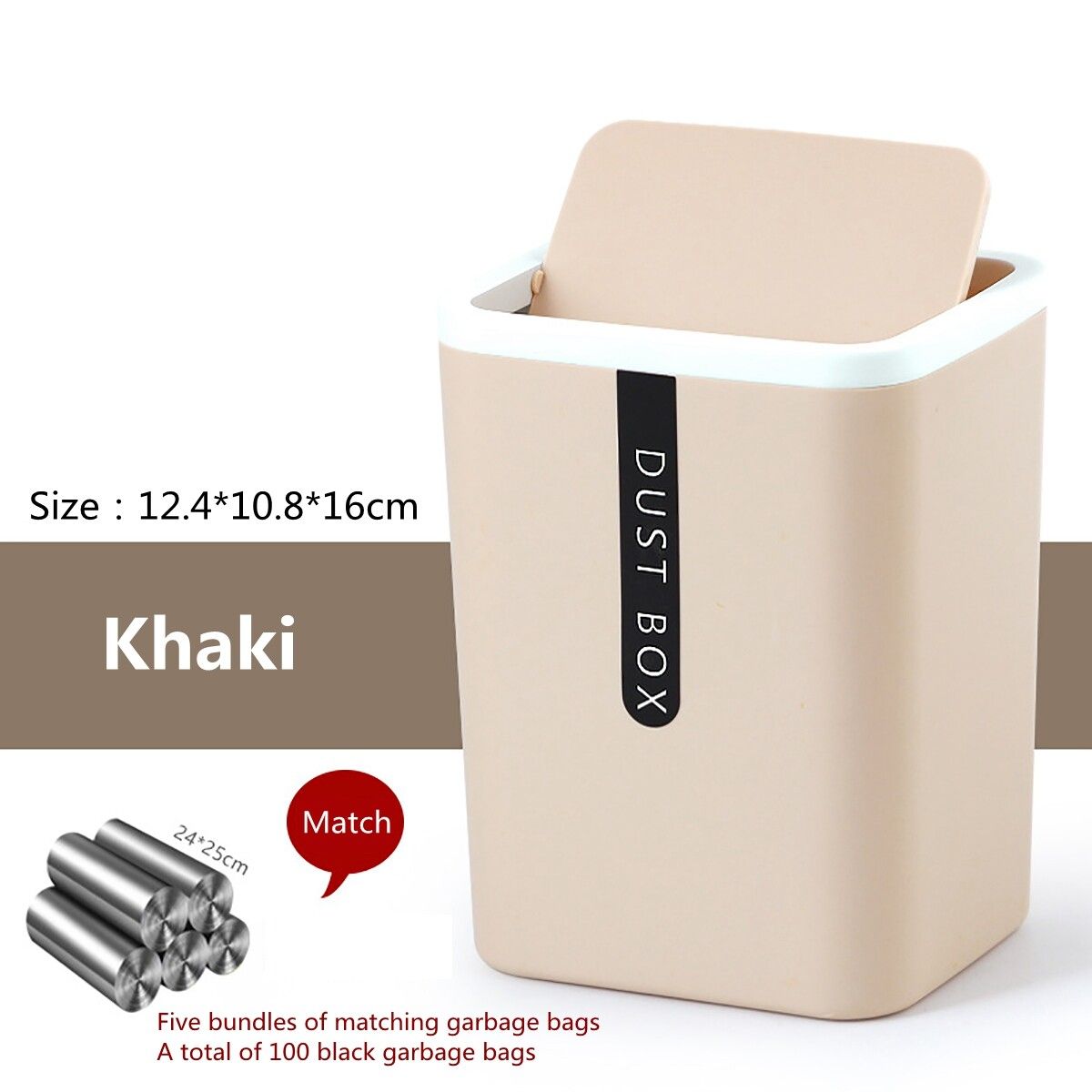 Desk Waste Bin Trash Can Desktop Garbage Basket Table Shake 100X Garbage Bag Box Khaki+100PCS Bag+Bag Box