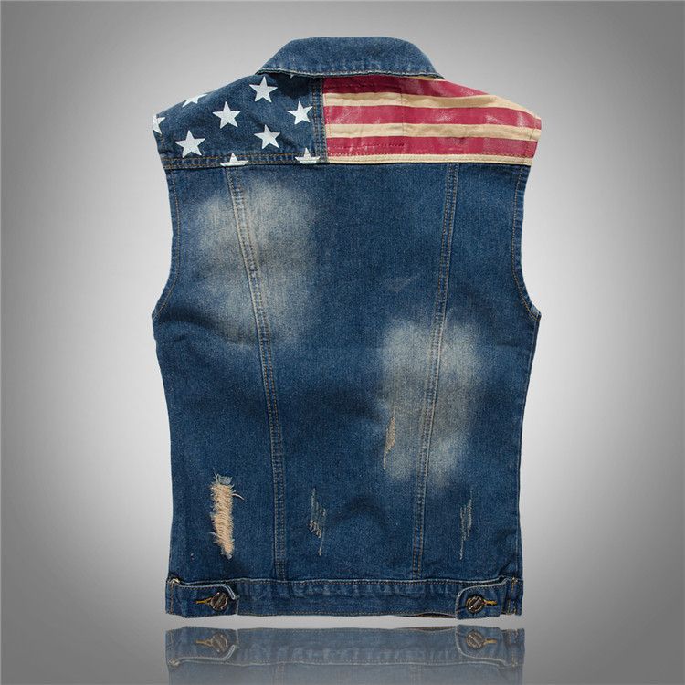 Brand Jacket Tank Spring Usa Flag Washed Jeans Mens Denim Vest Men Jacket