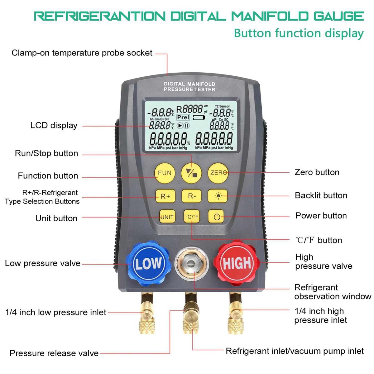 Pressure Gauge Refrigeration Digital Vacuum Pressure Manifold Tester Meter HVAC Temperature Tester Gauge Meter