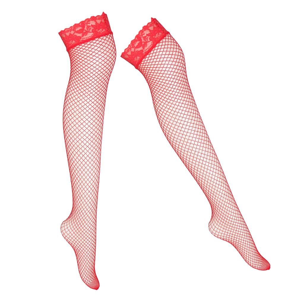 Ladies Fishnet Thigh-High Long Stockings Elastic Floral Lace Red