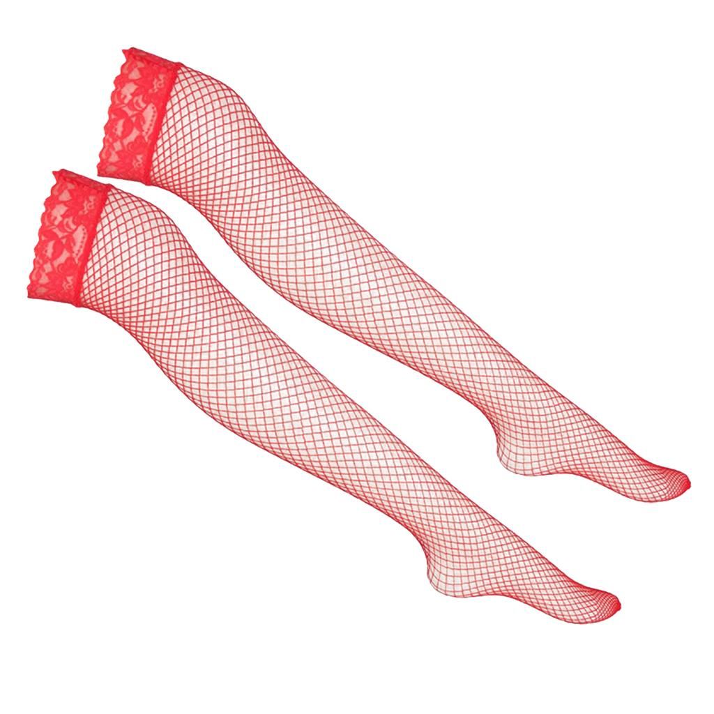 Ladies Fishnet Thigh-High Long Stockings Elastic Floral Lace Red
