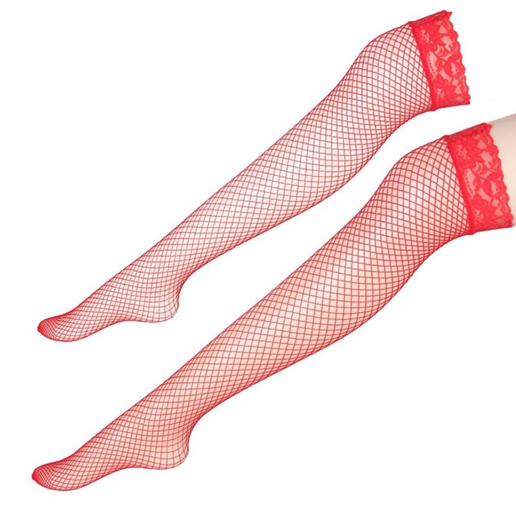 Ladies Fishnet Thigh-High Long Stockings Elastic Floral Lace Red