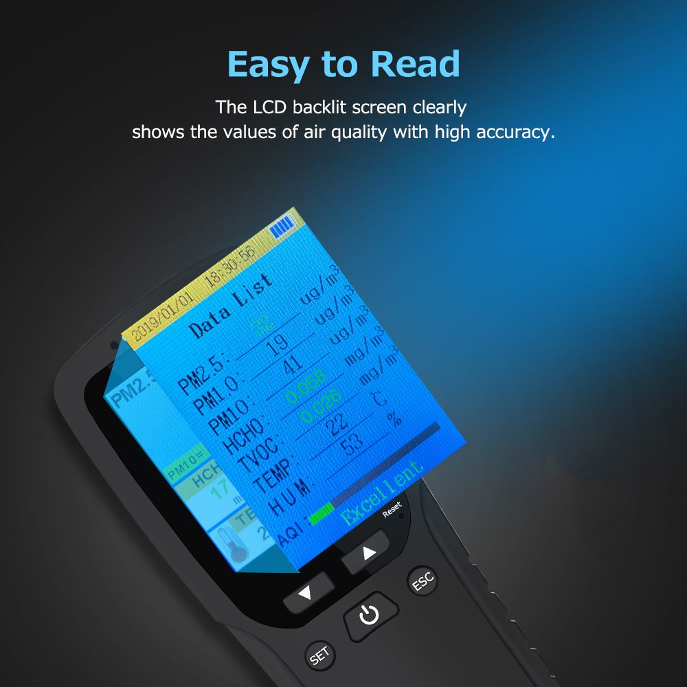 Indoor/Outdoor Handheld Air Quality Analysis Tester DM106A Smog/Dust/Formaldehyde Air Quality Detector Analyzer Measuring Tool