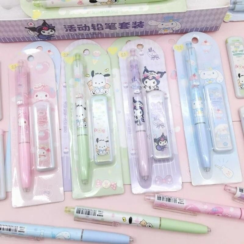 Sanrio 4-24pcs Melody Kuromi Cinnamoroll Pochacco Mechanical Pencil Stationery Set High Face Value Automatic Pencil 0.5mm Press