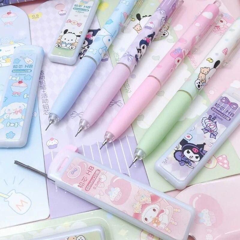 Sanrio 4-24pcs Melody Kuromi Cinnamoroll Pochacco Mechanical Pencil Stationery Set High Face Value Automatic Pencil 0.5mm Press
