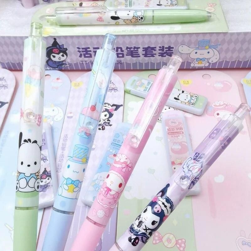 Sanrio 4-24pcs Melody Kuromi Cinnamoroll Pochacco Mechanical Pencil Stationery Set High Face Value Automatic Pencil 0.5mm Press