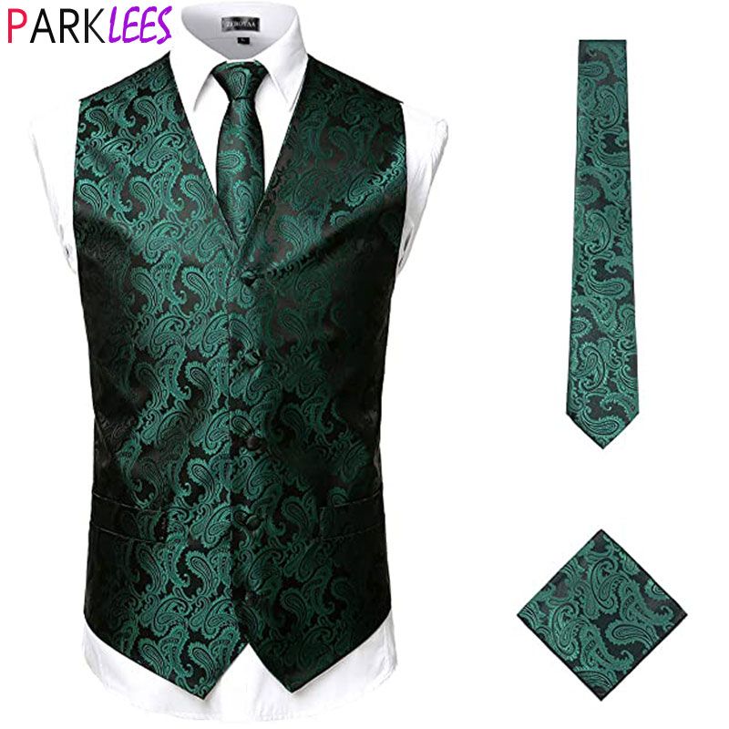 (Green)Mens Green Paisley Floral Jacquard Dress Vest Set Necktie Pocket Square Set Tuxedo Wedding Groom Party Dress Vest Gilet Homme DOU