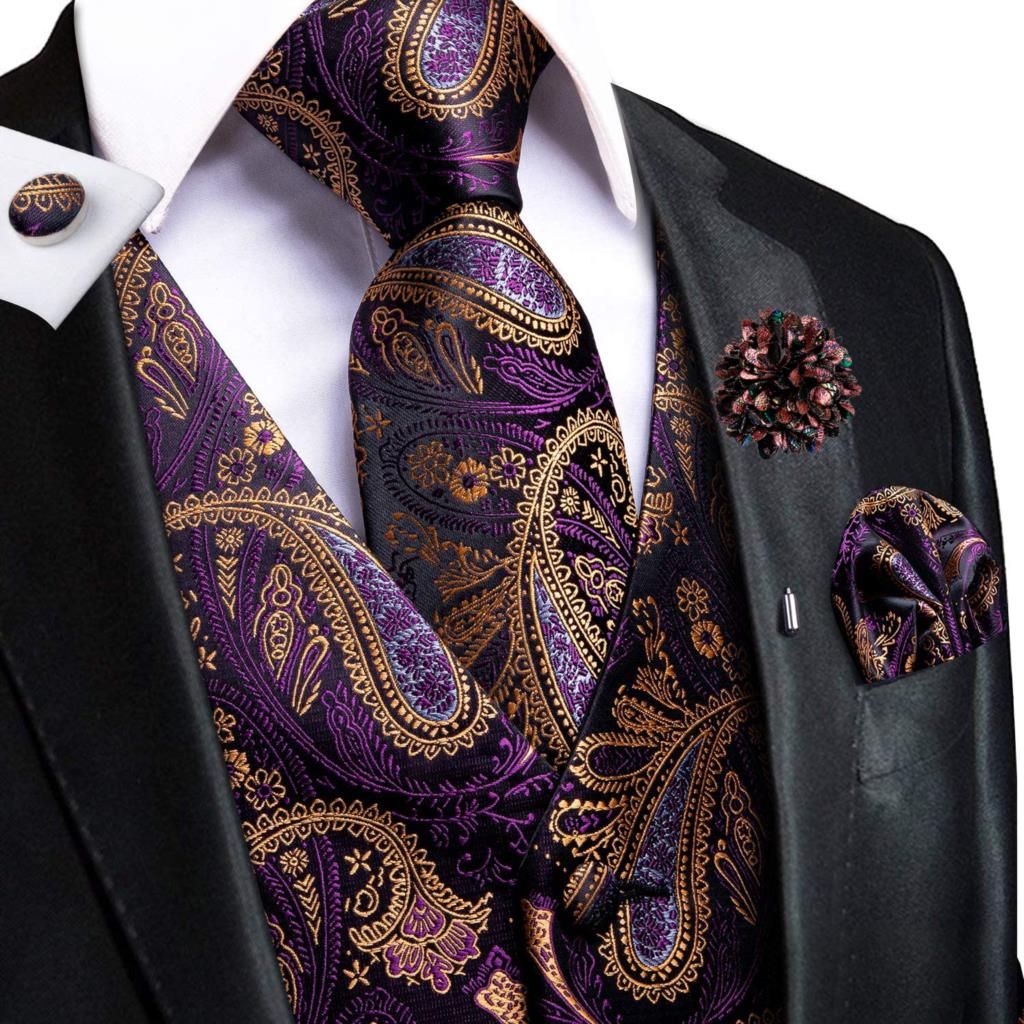 (MJ-0016-0087)Hi-Tie Orange Brown Gold Blue Red Silk Men's Vests Jacquard Waistcoat Tie Hanky Cuff Buttons Brooch Set For Men Wedding Office DOU