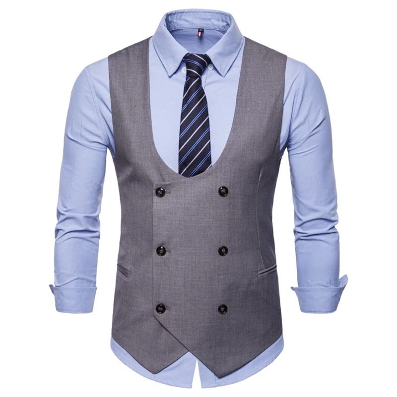(Gray)6 Buttons Men's Suit Vest Blue Solid Color Business Casual Vest Double-Breasted For Wedding Groomsmen Waistcoat Classic Fit WAR